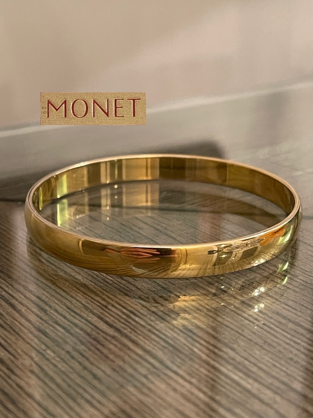 Vintage Monet Solid Polished Gold Tone Bangle Bracelet, Plain Stacking - Estate